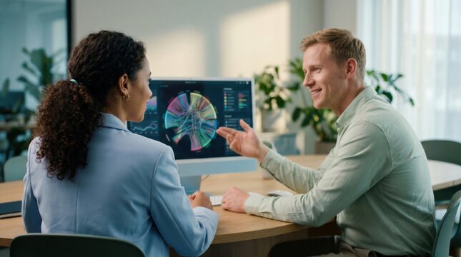 Man and woman discussing colorful data visualization on desktop monitor in modern office, collaborative meeting with analytics and charts, professional conversation and focus