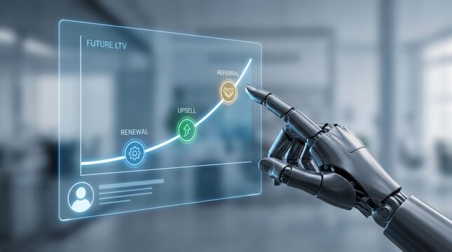 Customer Lifetime Value and Growth Concept: Robotic Hand Interacting with Holographic Chart for Business Retention and Expansion