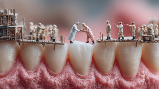 Tiny doctors perched on teeth with dental bridges illustrate dental services, creating a creative backdrop for the field of dentistry.