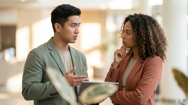 Young professional man explaining data on tablet to thoughtful female colleague during office discussion, collaboration and planning in modern workplace
