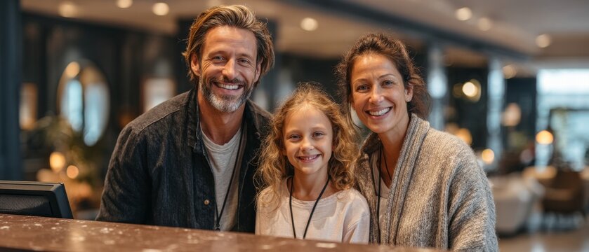 A happy family of three smiles by the bar, providing a warm backdrop for themes of tourism and family values.