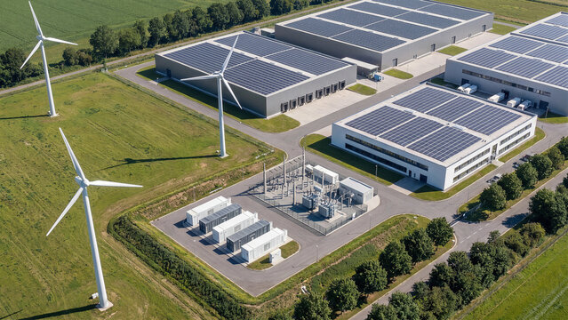 Aerial view of sustainable industrial warehouse complex with rooftop solar panels battery storage substation wind turbines in green countryside clean energy infrastructure concept scene view