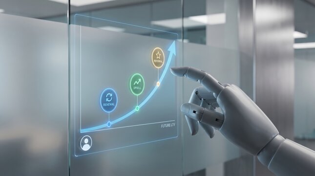 Customer Lifetime Value and Growth Concept: Robotic Hand Interacting with Holographic Chart for Business Retention and Expansion