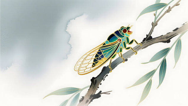 Enamel gold style cicada on willow branch for Summer Solstice