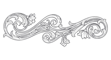 Fototapeta premium Intricate black and white line art decorative element featuring floral motifs and symmetrical scrollwork, ideal for luxury stationery, elegant borders, and professional graphic design.