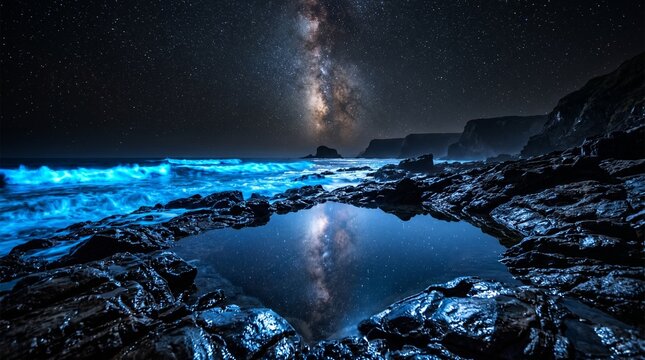 waves glow at shoreline, galaxy view