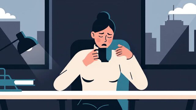 Woman Experiencing Emotional Distress While Working Late at Night in Her Office