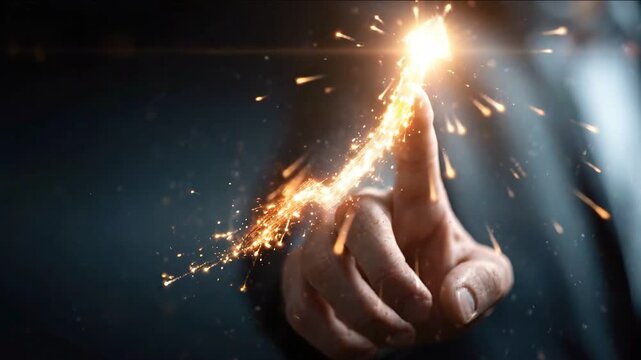 Spark of Innovation: A close-up shot captures a finger touching a point of light, igniting a trail of golden sparks, symbolizing the birth of a new idea or technological breakthrough.