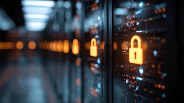 Server Room Security: Glowing padlock icons illuminate the rows of servers in a modern data center, symbolizing digital security and data protection.