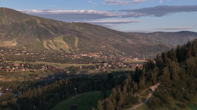 Drone Shot of Steamboat Springs, Colorado USA, Emerald Mountain Hiking Area and Mt Werner Ski Tracks