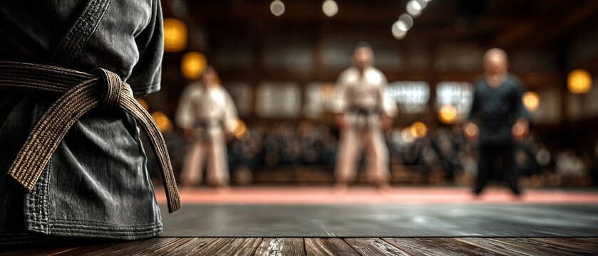 A black belt on a karateka&rsquo;s kimono in the foreground, with a blurred dojo in the background, is a traditional backdrop for themes relating to martial arts and discipline.