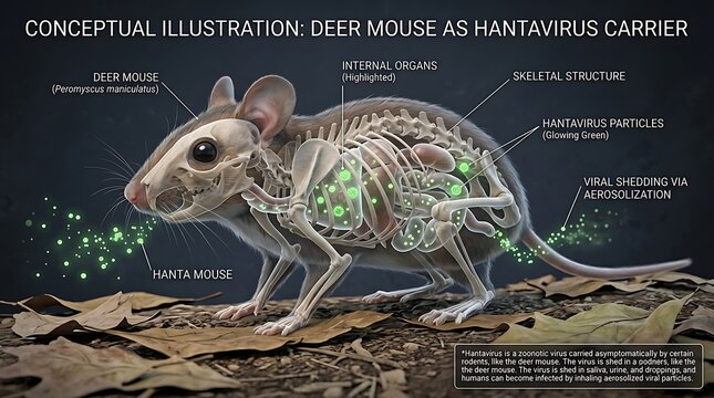 Detailed scientific illustration of deer mouse showing hantavirus particles and viral transmission process