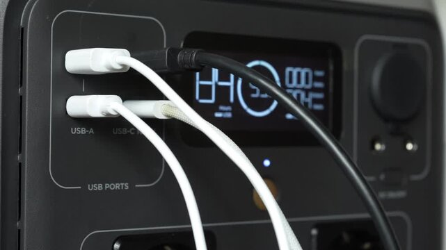 Close up of portable power station with multiple cables connected and devices charging. Concept of backup electricity, energy supply and reliable power for home or office.