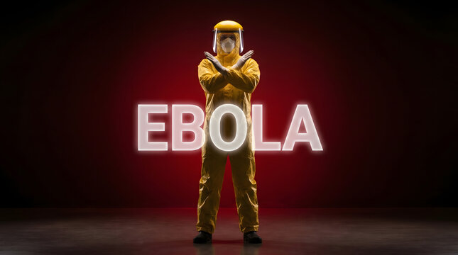 Yellow hazmat suit worker crossing arms in front of glowing ebola word text on dark red background