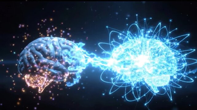 Neural Network Connection: Two illuminated brains, representing minds connecting and sharing information, glow with electric energy against a dark cosmic background.