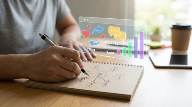 Digital Marketing and Social Media Analytics Concept: Creative Entrepreneur Interacting with Holographic Dashboard and Engagement Icons