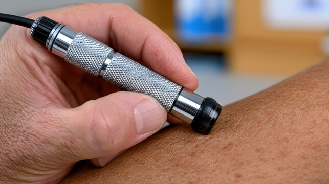 dermatologist dermascope demo, a dermatologist uses a specialized dermatoscope to examine a patients arm skin in a professional, clean, and modern clinic