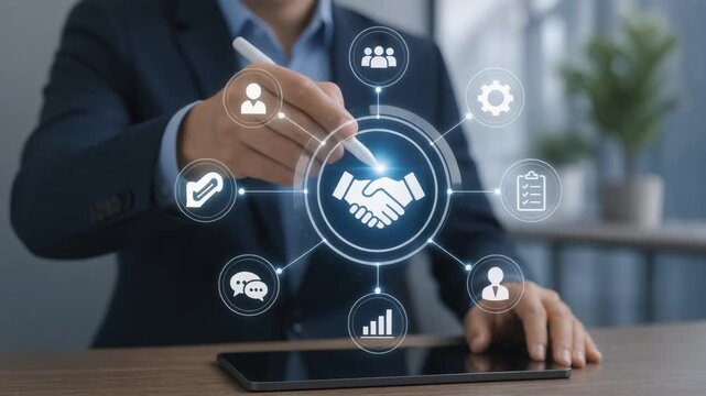 Businessman interacting with digital handshake icon and network symbols for partnership and teamwork concept