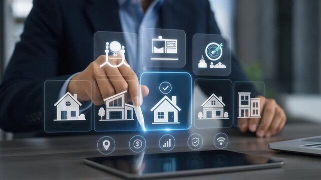 Businessman selecting smart home real estate options with digital hologram interface technology