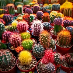 Obraz premium Vibrant, spiky desert plants bursting with color, neatly arranged in pots