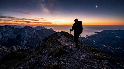 Fototapeta premium Silhouette of a man walking in the mountains at sunset, freedom. Silhouette of a man walking in the mountains, sunset, and ocean. A male hiker with a backpack on a mountaintop 