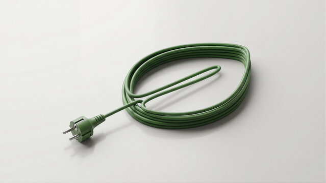 Coiled green electrical power cable with plug on light gray background minimalist clean renewable energy sustainable electricity green power supply eco friendly technology conceptual scene