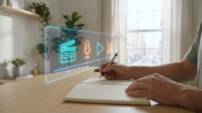 Digital Content Creation Concept: Creative Professional Writing in Notebook with Holographic Video Production and Editing Interface