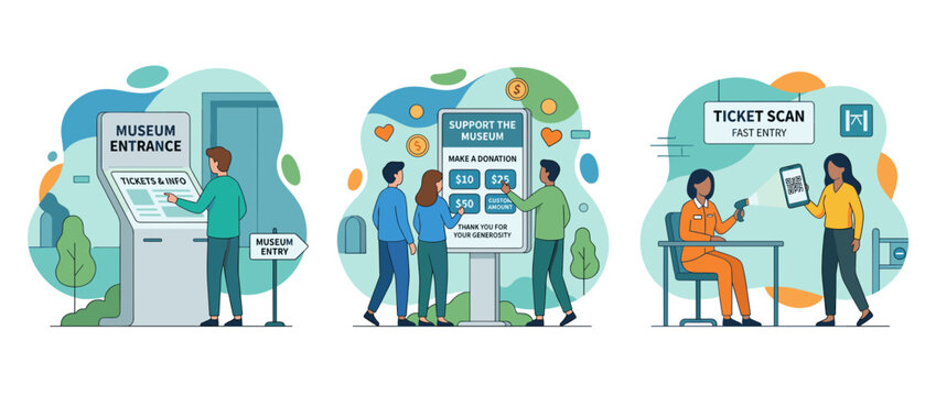 Museum Digital Kiosks and QR Code Entry Illustration Set