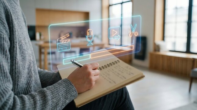 Digital Content Creation Concept: Creative Professional Writing in Notebook with Holographic Video Production and Editing Interface