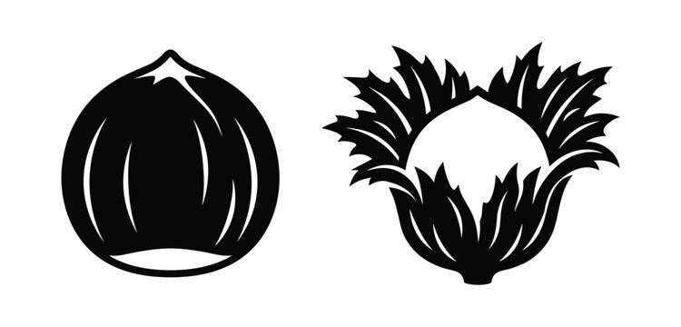 Black outline icons of chestnut and hazelnut