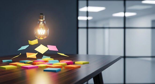 Bright light bulb illuminating colorful sticky notes scattered on a wooden office desk, representing creative ideas and brainstorming.
