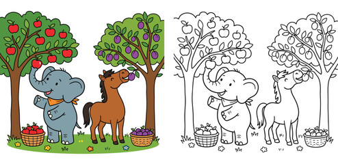 Fototapeta premium Cute Cartoon Elephant and Horse Harvesting Apples and Plums from Fruit Trees