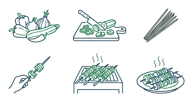 Fresh vegetables for grilling skewers on outdoor charcoal BBQ