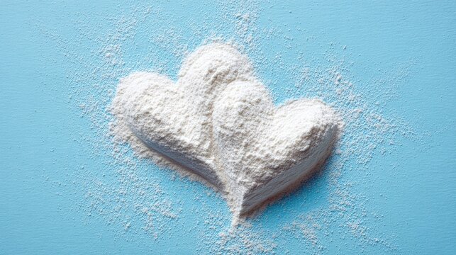 Two heart shapes formed out of white flour, a creative baking concept on a bright blue background.