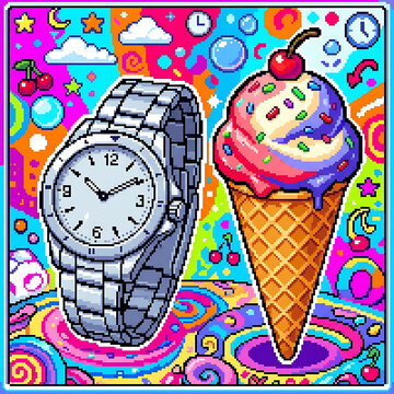 Pixel art watch and colorful ice cream