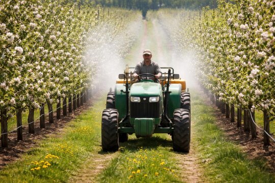 Un agricultor conduce un tractor entre las hileras de frutales durante los trabajos de mantenimiento