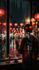 Naklejka premium Man looking through rainy window at red Chinese lanterns on city street at night