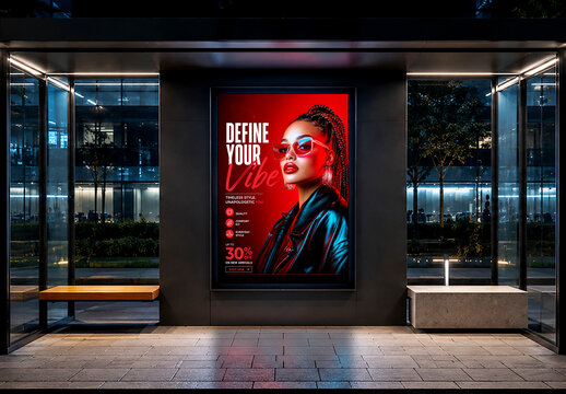 Luxury Fashion Digital Billboard Mockup in Modern Urban Glass Building
