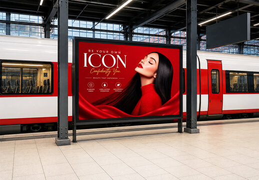 Large Advertising Billboard Mockup with Beauty Poster at Train Station
