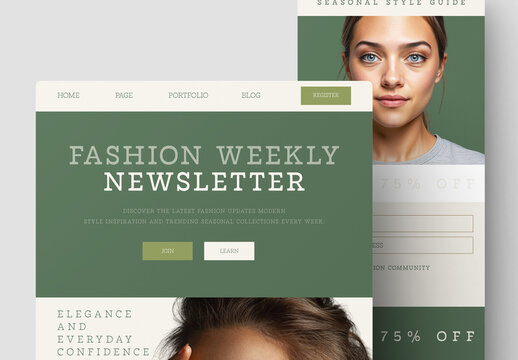 Modern Fashion Newsletter Template Design With Elegant Green Editorial Layout