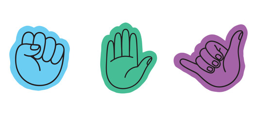 Fototapeta premium Cartoon hand gesture sticker set. blue clenched fist, green open palm, purple shaka sign. for youth apparel prints, social media emoji, chat graphic layouts. stock vector illustration art.