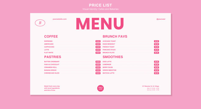 Feminine pink cafe price list menu template. pastel background, coffee pastries text, bold layouts. for modern coffee shop displays, aesthetic bakery prints. modern vector template.