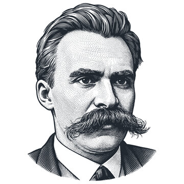 Vector engraving head and shoulders portrait of the famous German philosopher Friedrich Nietzsche. Vintage monochrome isolated graphic art.