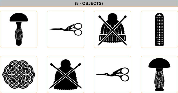 Black silhouette icon set of knitting supplies featuring stork scissors, needle gauges, darning mushrooms, and winter hats