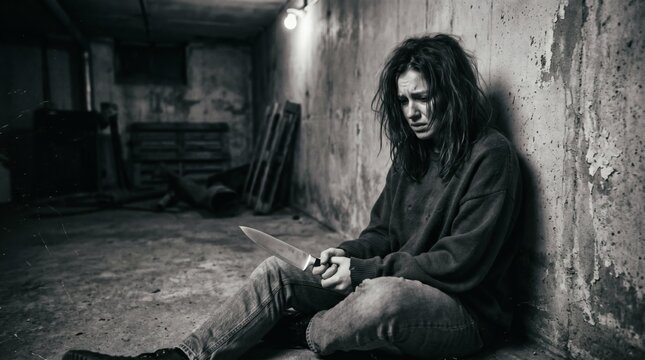 Depressed Woman Sitting Alone in a Dark, Dingy Basement.