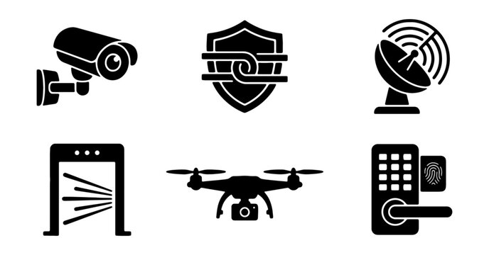 Security Icons: Surveillance Camera, Shield, Satellite, Scanner, Drone, Smart Lock