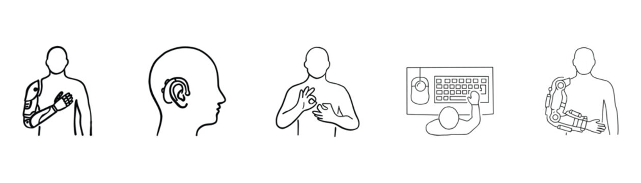 Cyborg prosthetics line icon set. thin outline robotic arm, artificial ear implant, mechanical hand, cybernetic computer typing. for futuristic medical tech layouts. minimal stock vector.