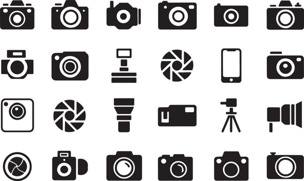 Photography and videography solid icon collection with camera bodies smartphone tripod and aperture symbols for designers. Vector Illustration