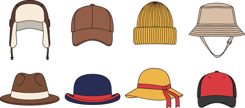 Men and women hat vector illustration set featuring winter ushanka baseball cap beanie bucket hat fedora bowler and sunhat