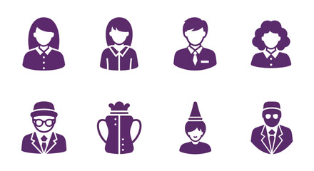 Flat icons of diverse professional and fantasy character avatars in purple silhouette style. © SALEHA STOCK